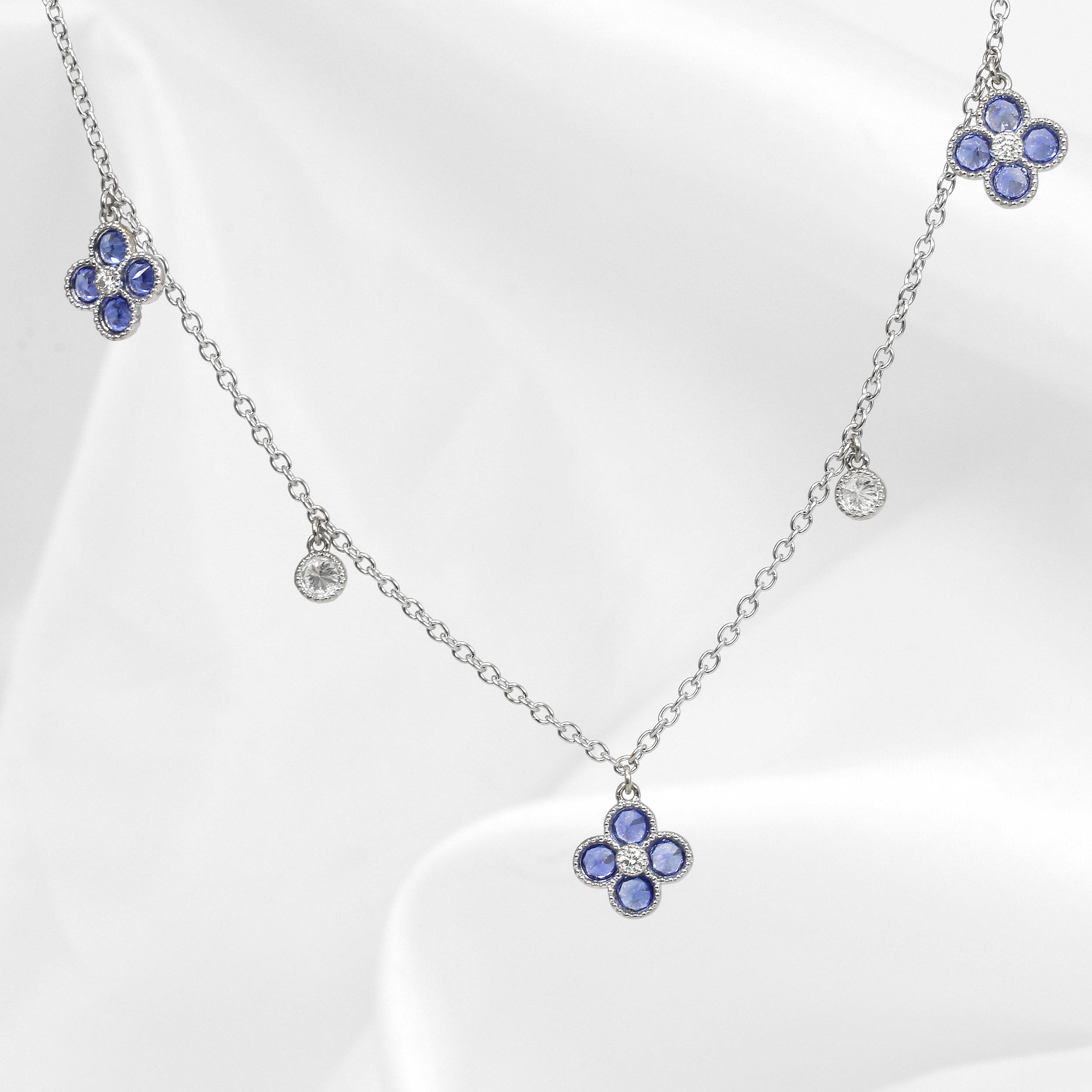 Sapphire and Diamond Bud and Bloom Necklace in White Gold