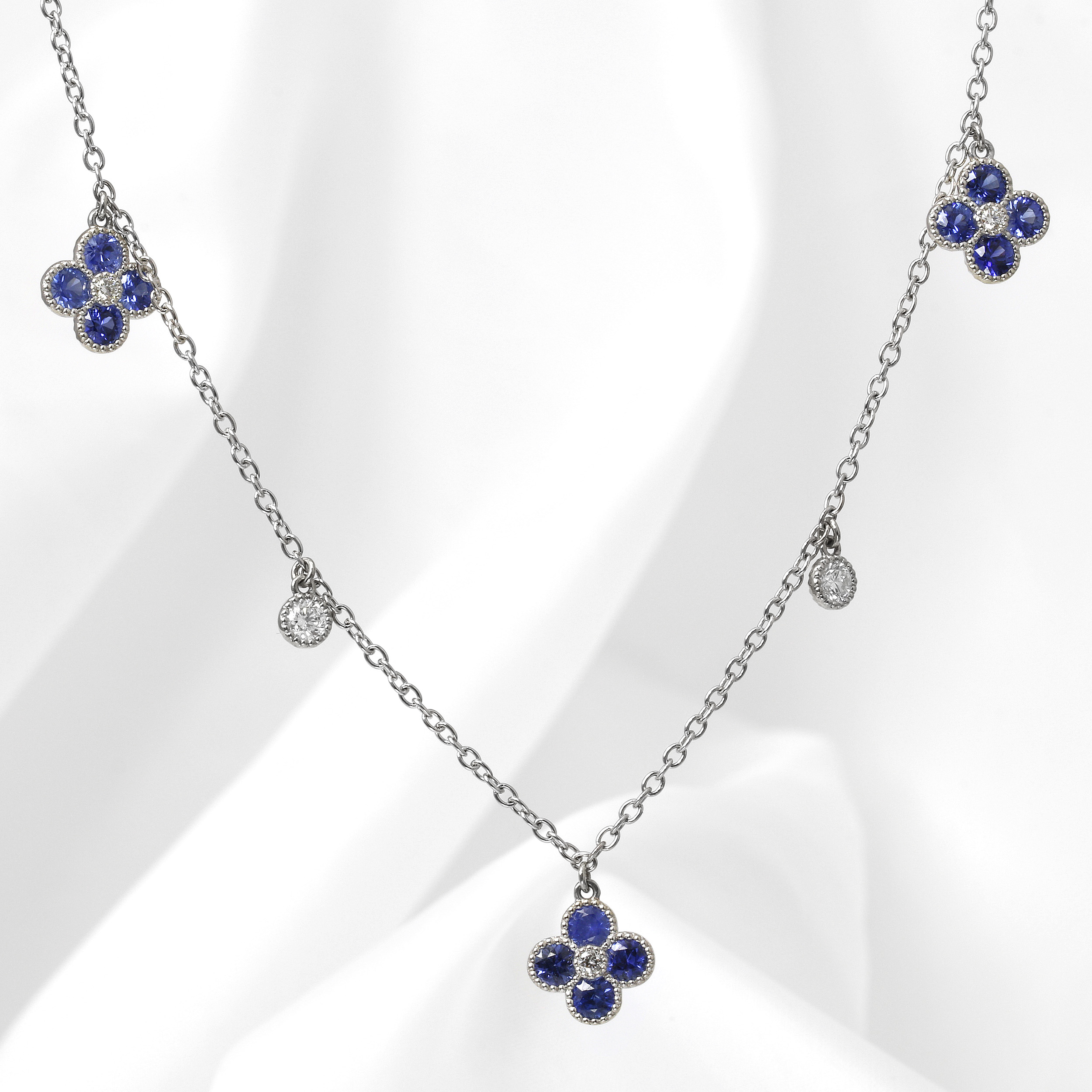 Sapphire and Diamond Bud and Bloom Necklace in White Gold