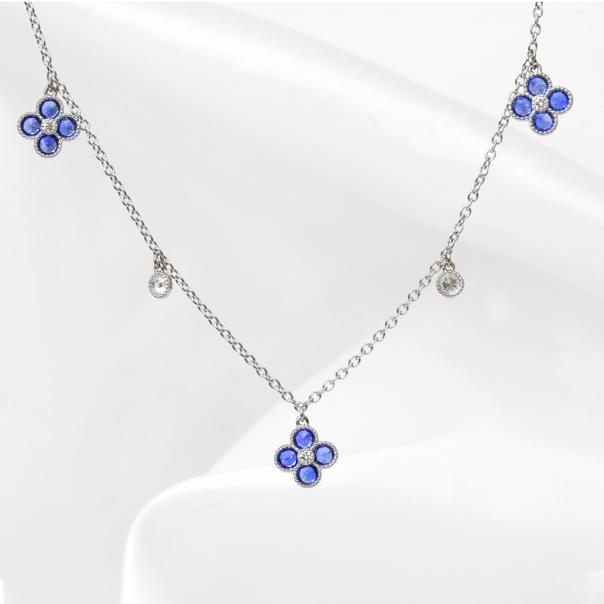 Sapphire and Diamond Bud and Bloom Necklace in White Gold
