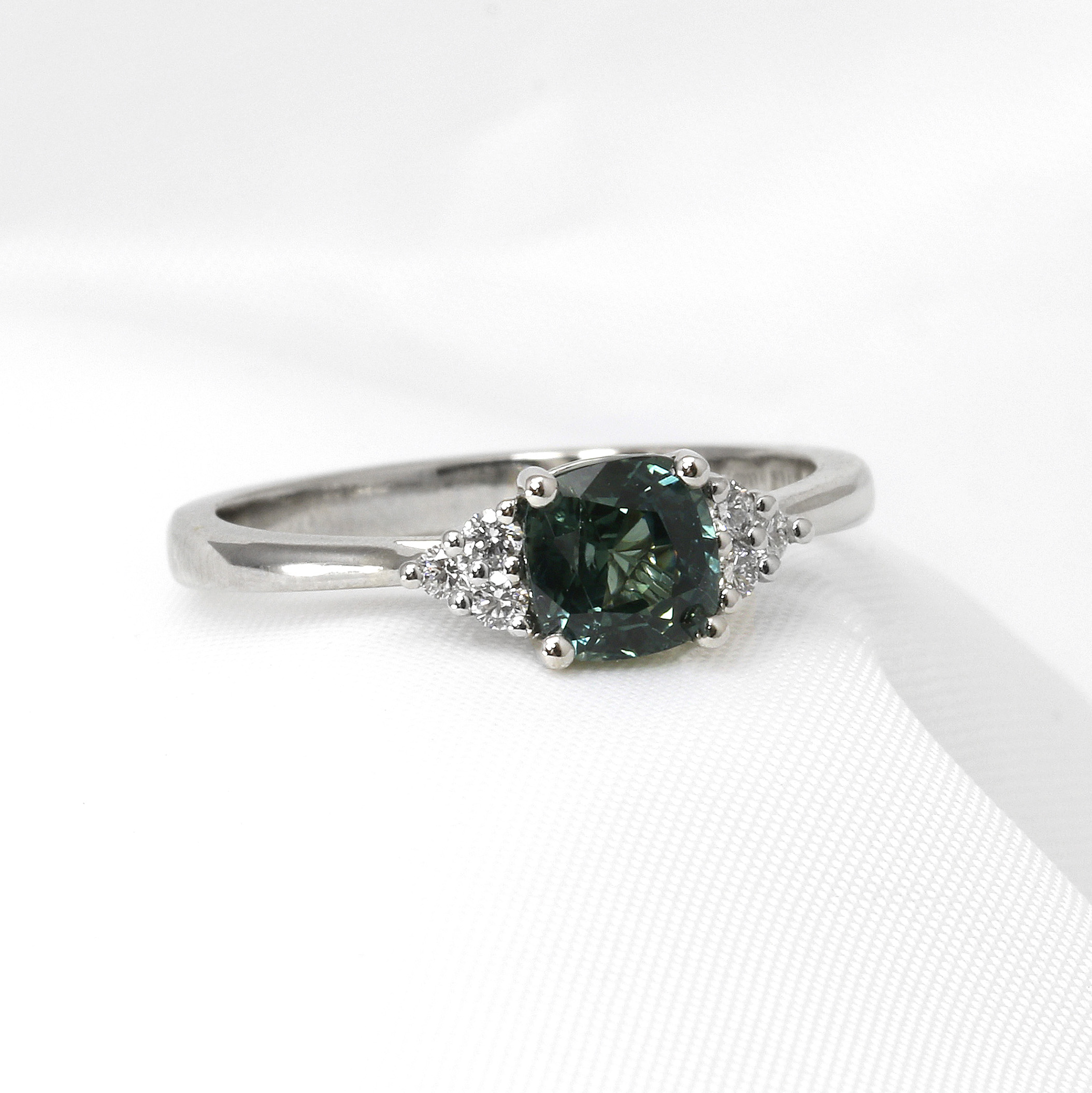 Teal Sapphire and Diamond Trefoil Ring in Platinum