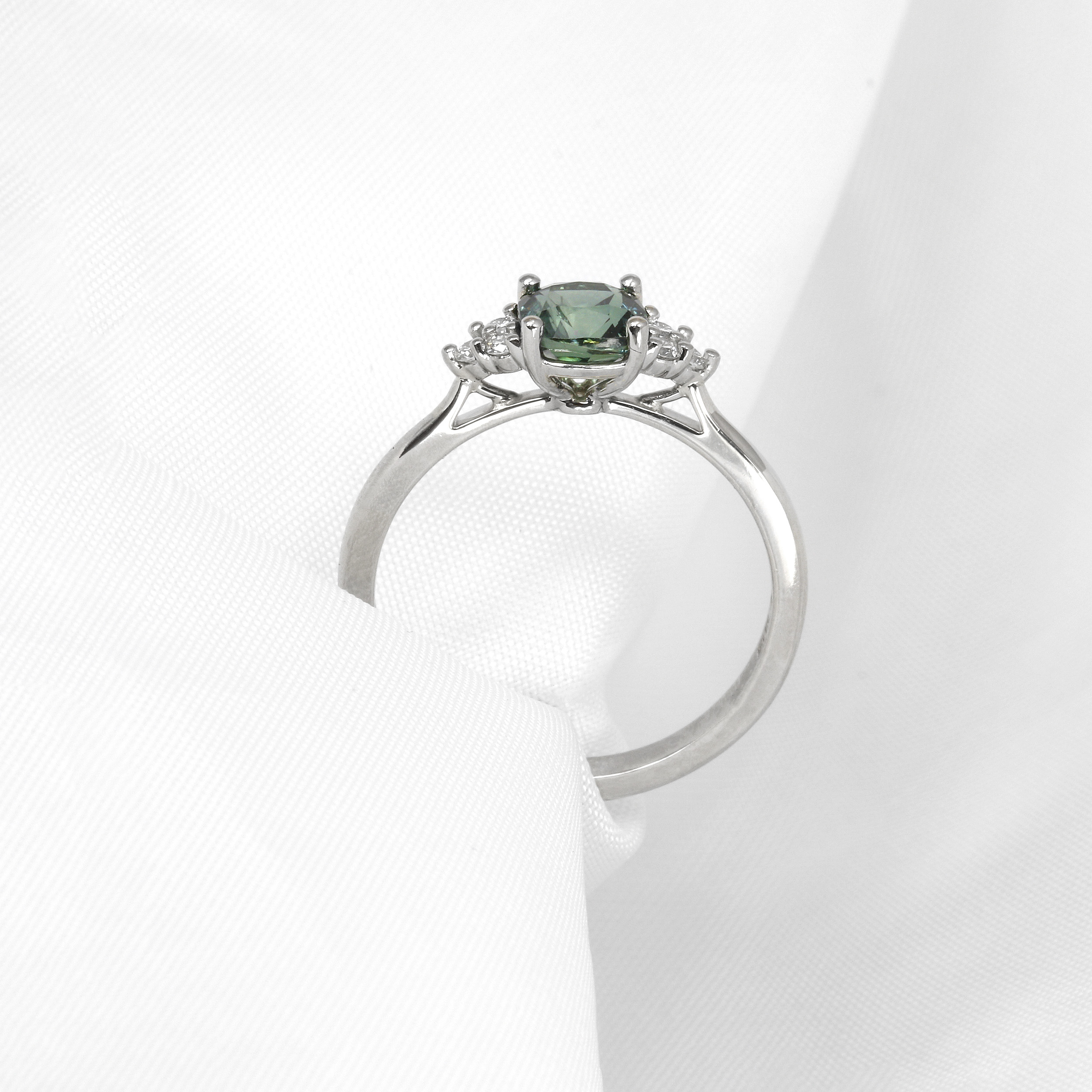 Teal Sapphire and Diamond Trefoil Ring in Platinum