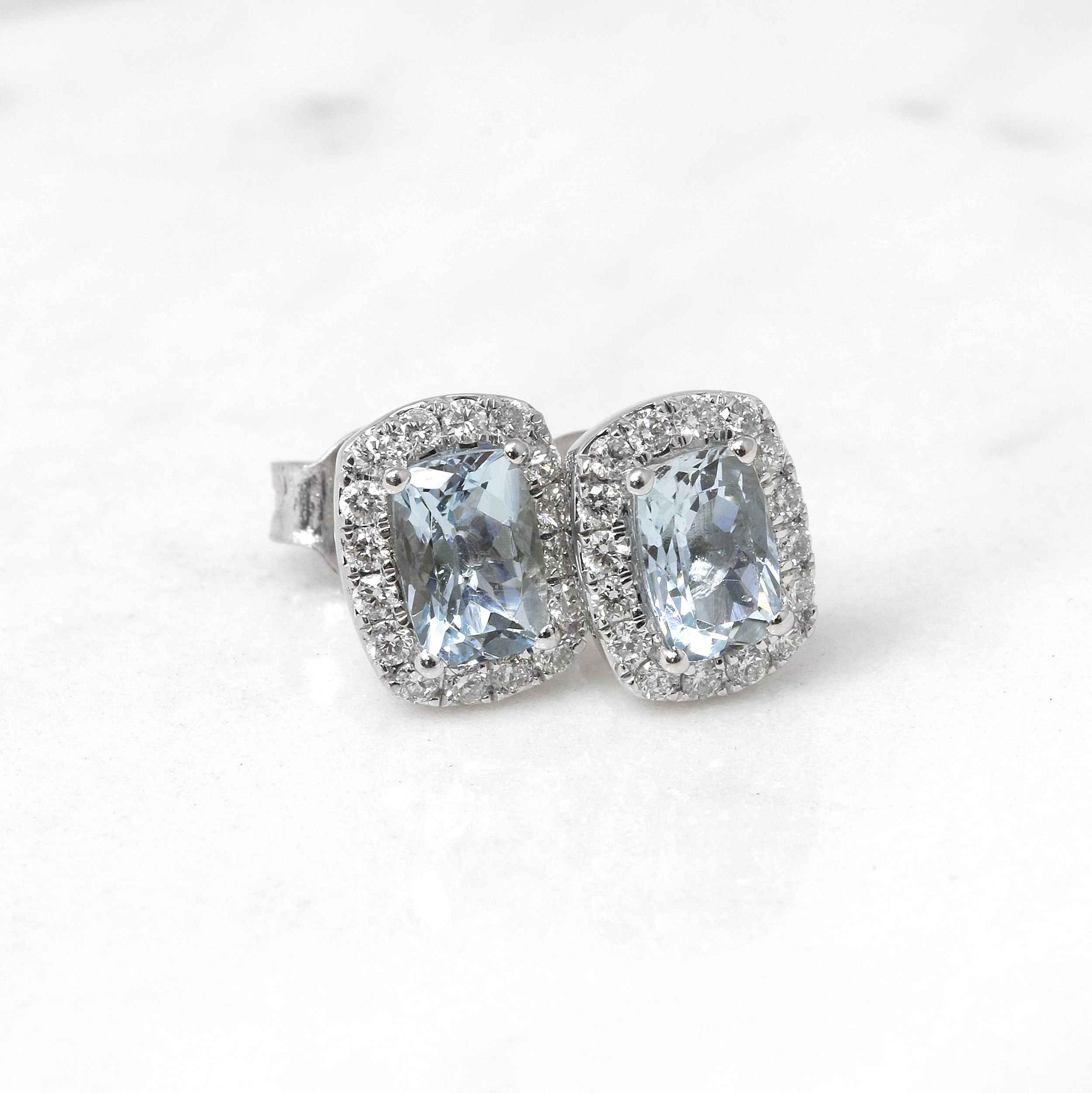 Cushion Aquamarine and Diamond Halo Stud Earrings