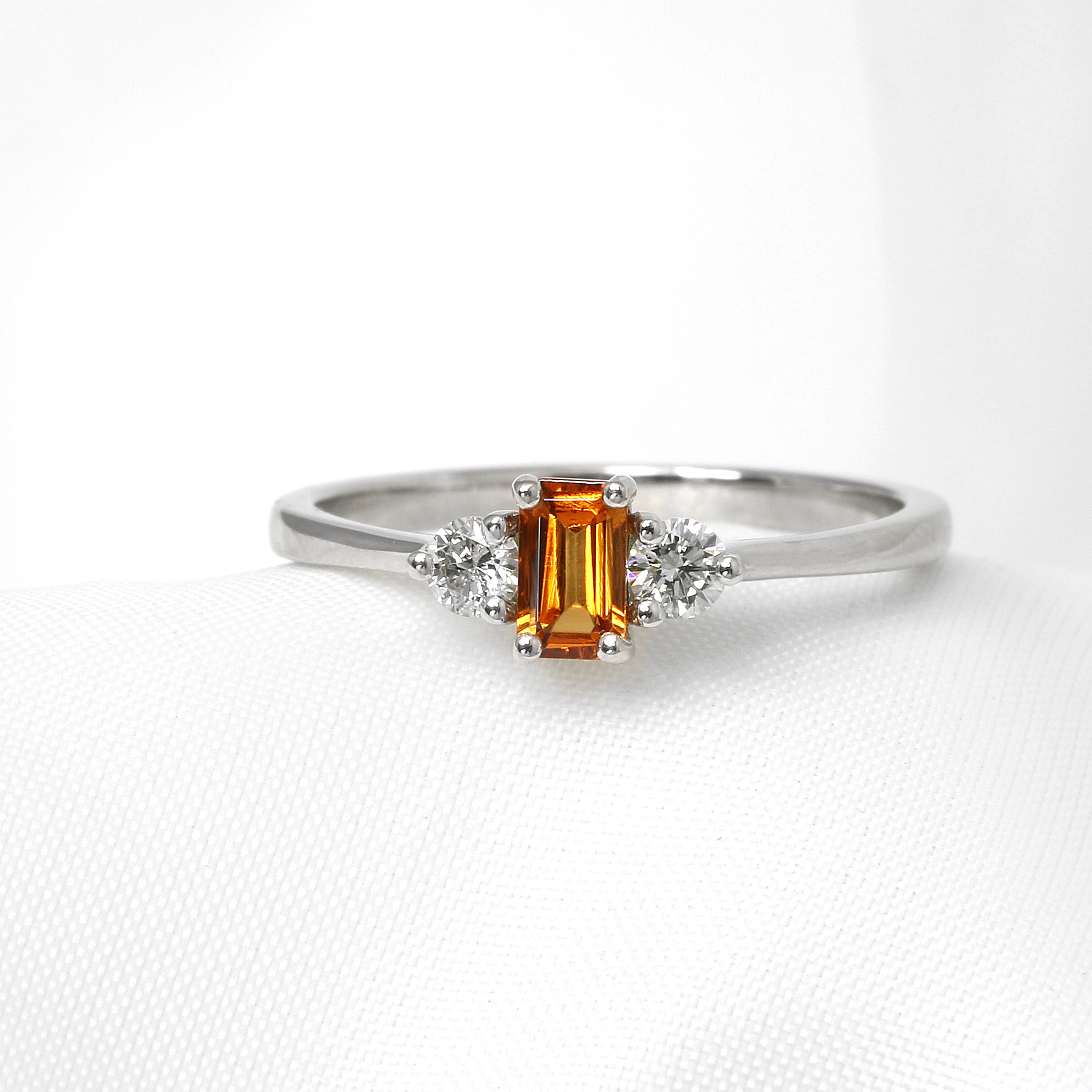 Mandarin Garnet and Diamond Three Stone Ring in 9ct White Gold