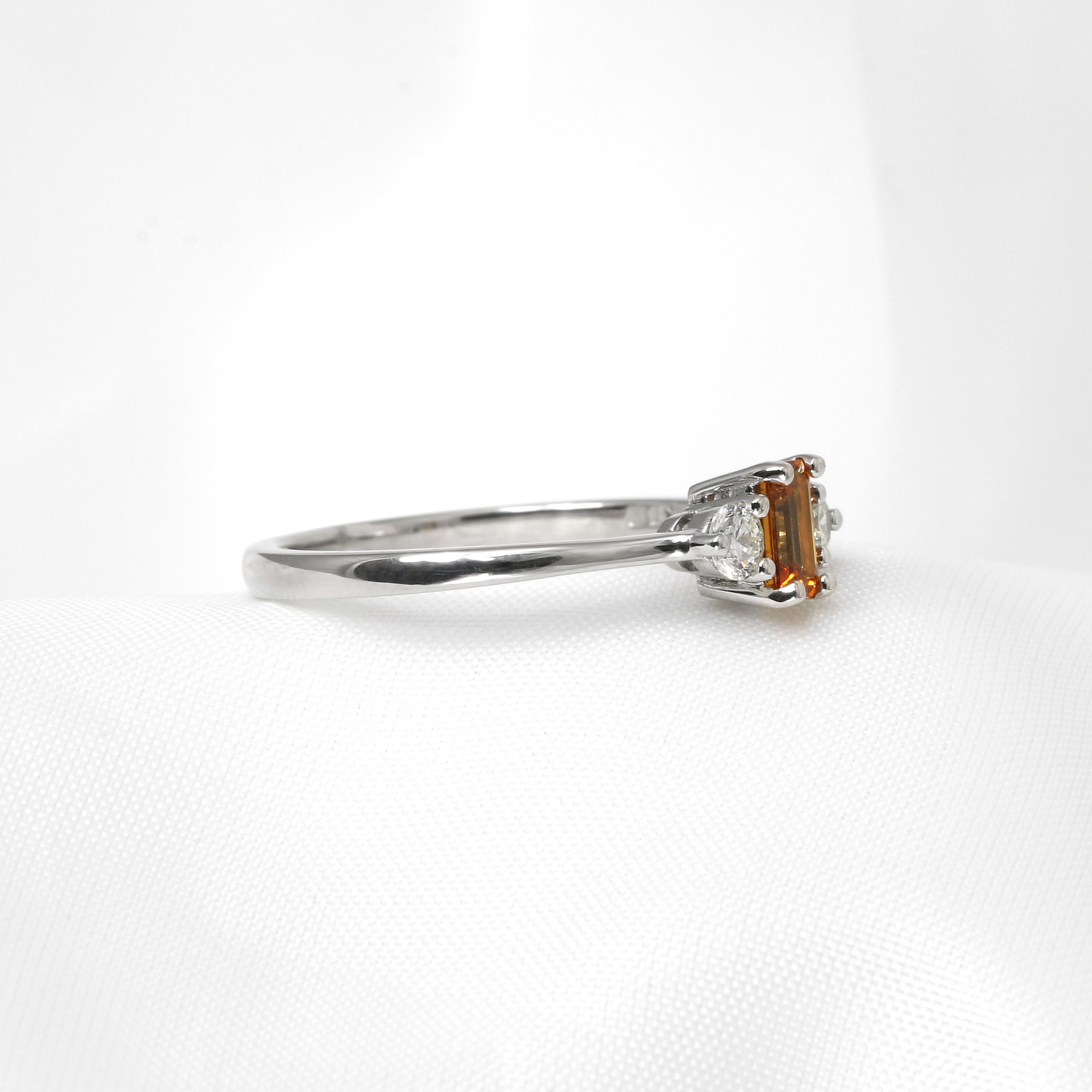 Mandarin Garnet and Diamond Three Stone Ring in 9ct White Gold