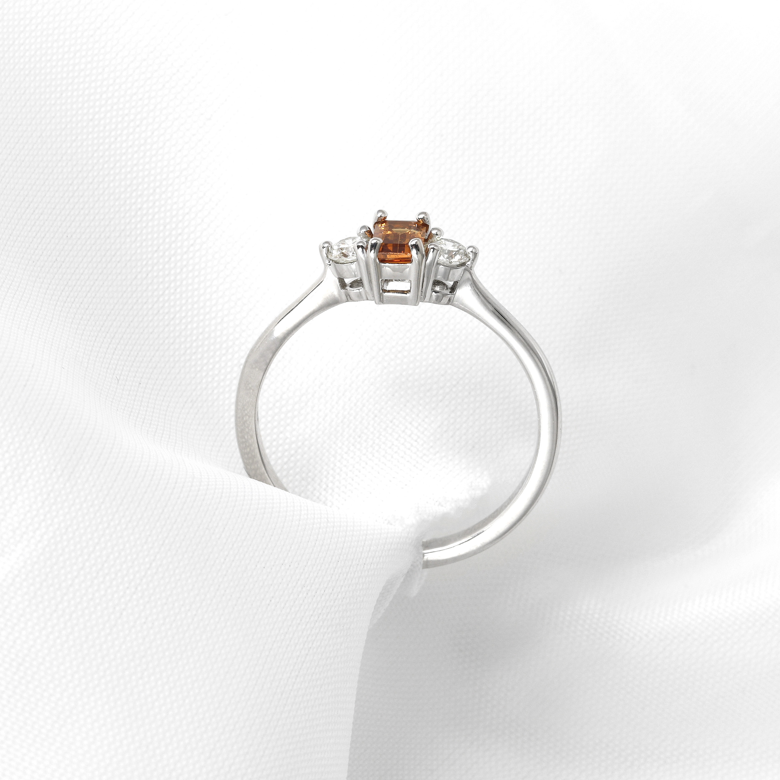 Mandarin Garnet and Diamond Three Stone Ring in 9ct White Gold