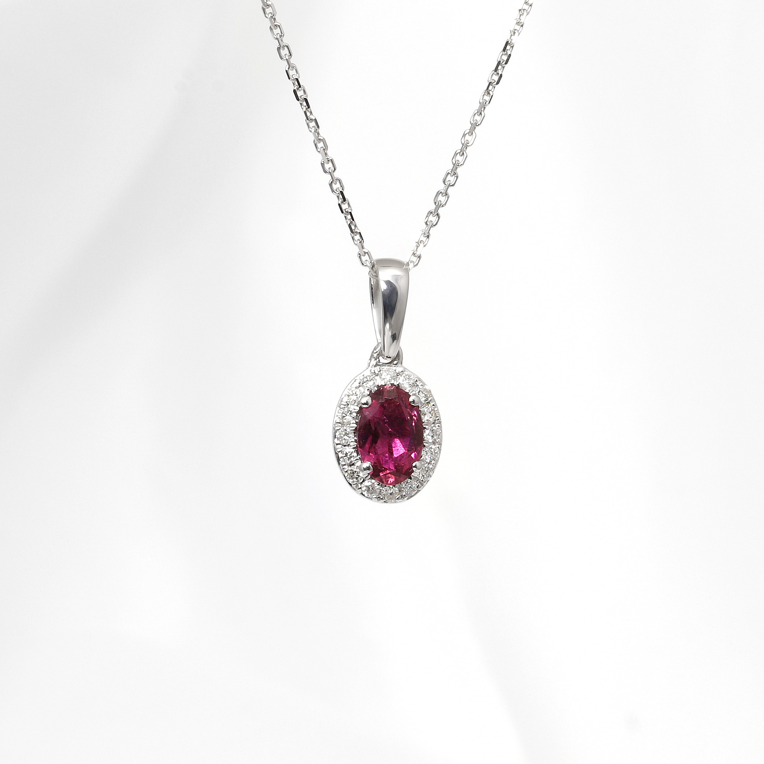 Pink Tourmaline and Diamond Halo Cluster Pendant in 9ct white Gold