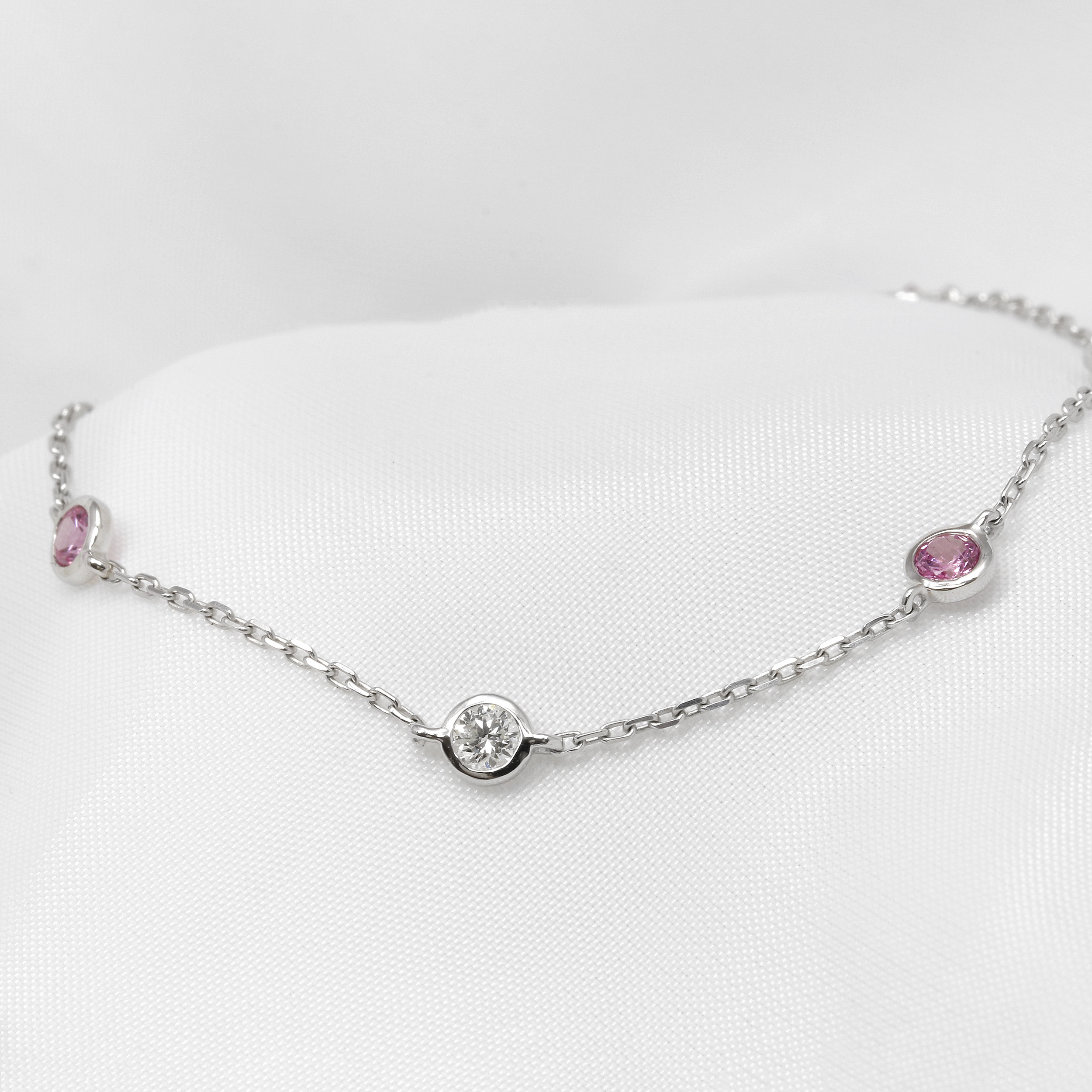Pink Sapphire and Diamond Station Bracelet in 9ct White Gold