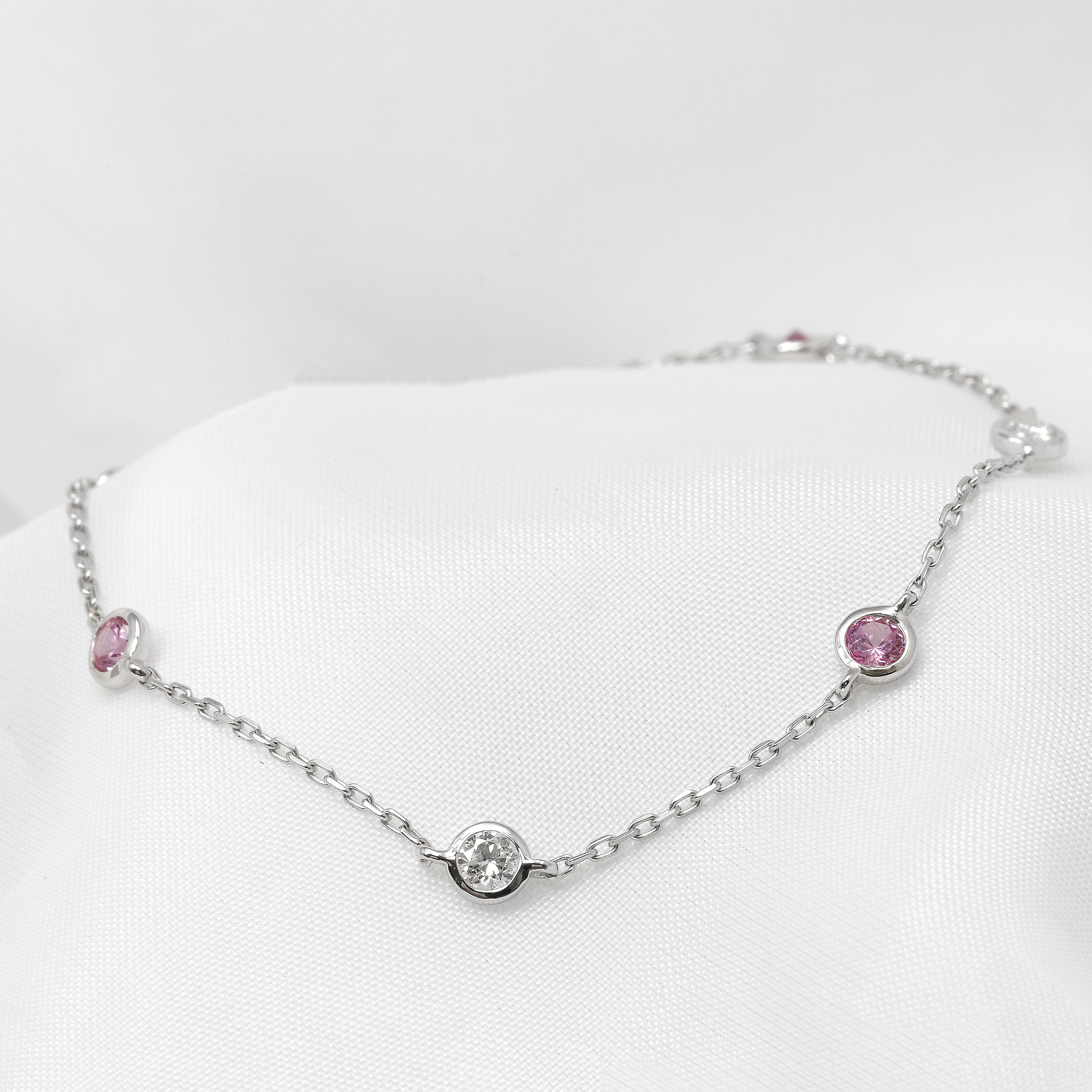 Pink Sapphire and Diamond Station Bracelet in 9ct White Gold