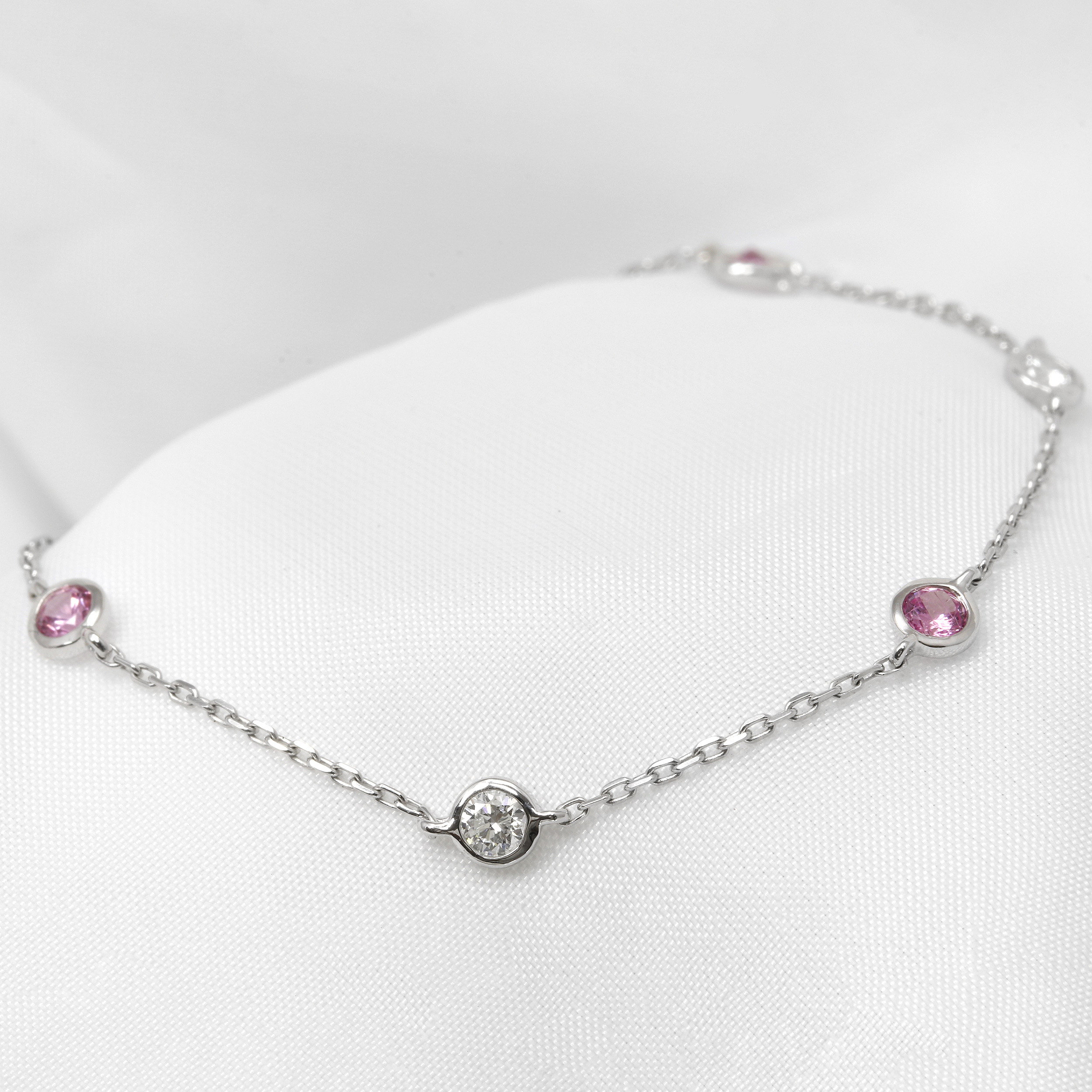 Pink Sapphire and Diamond Station Bracelet in 9ct White Gold