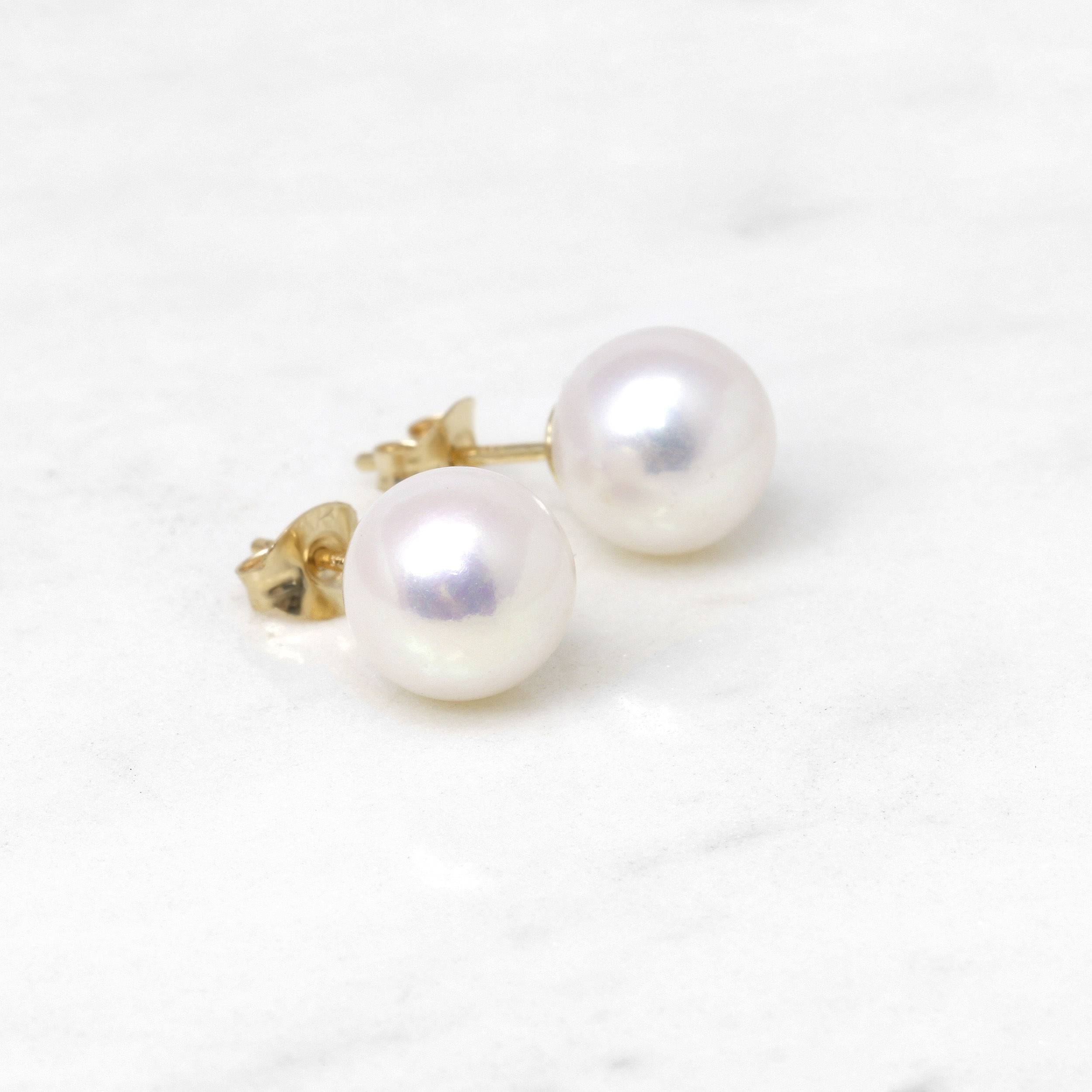 8mm White Round Pearl Stud Earrings in 9ct Yellow Gold