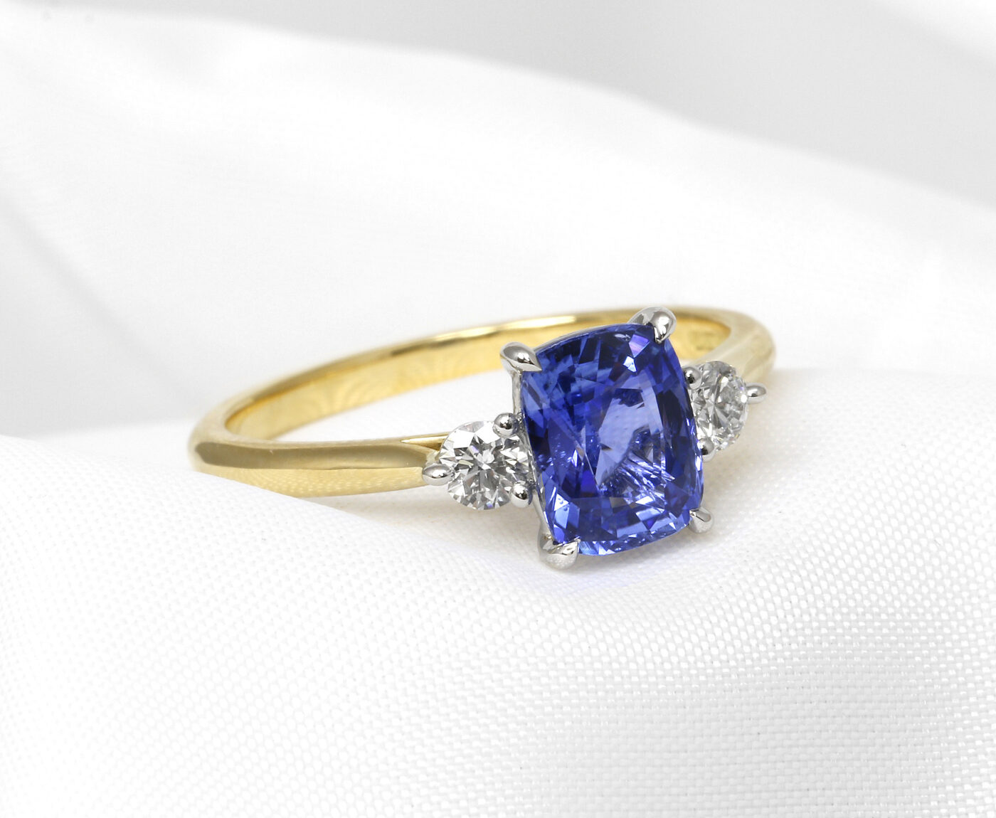 Sapphire and Diamond Three Stone Ring in 18ct Yellow Gold and Platinum