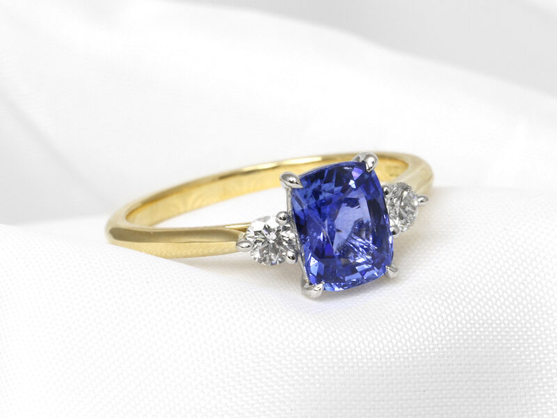 Sapphire and Diamond Three Stone Ring in 18ct Yellow Gold and Platinum