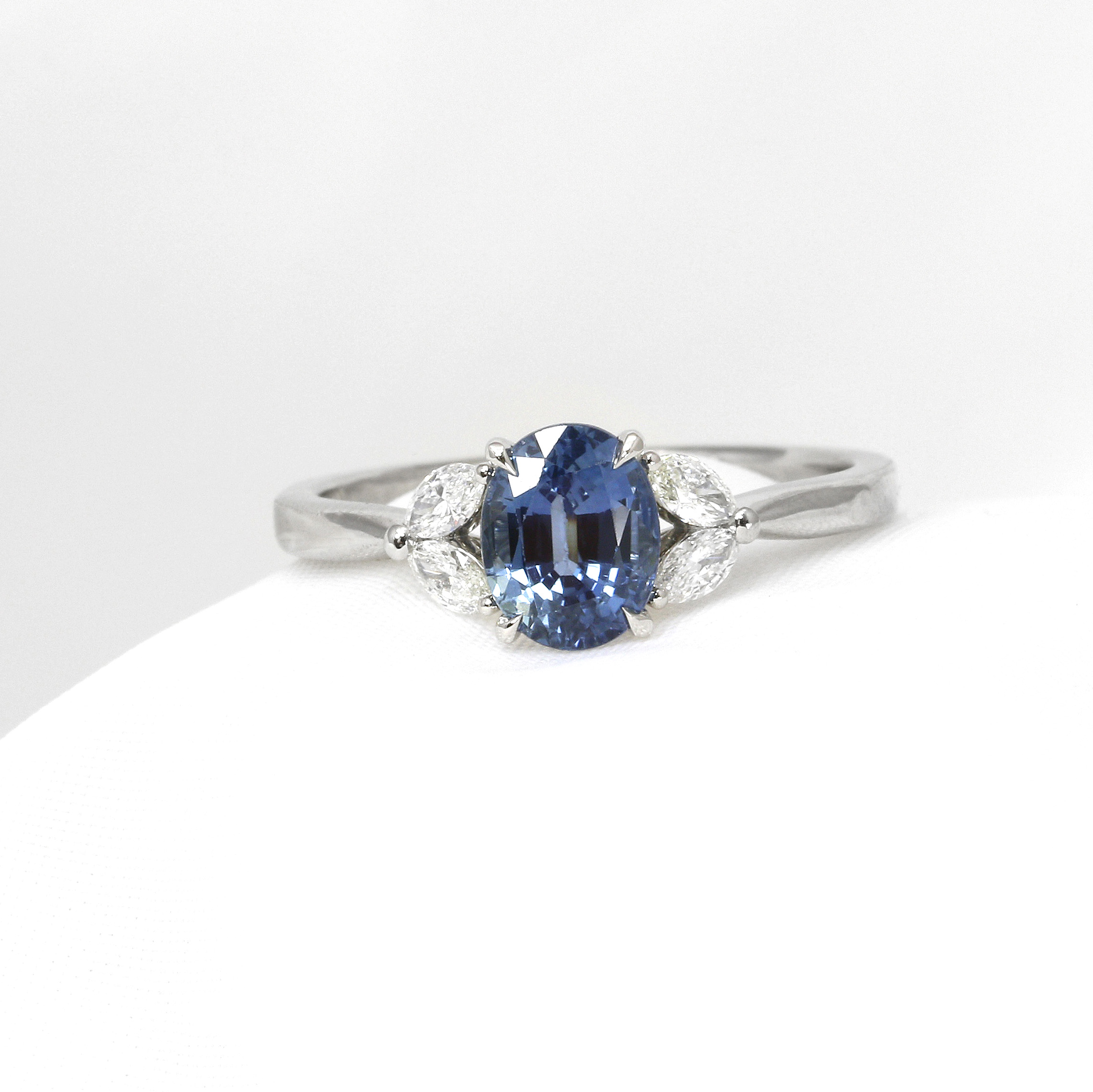 Steel Blue Oval Sapphire and Diamond Ring in Platinum