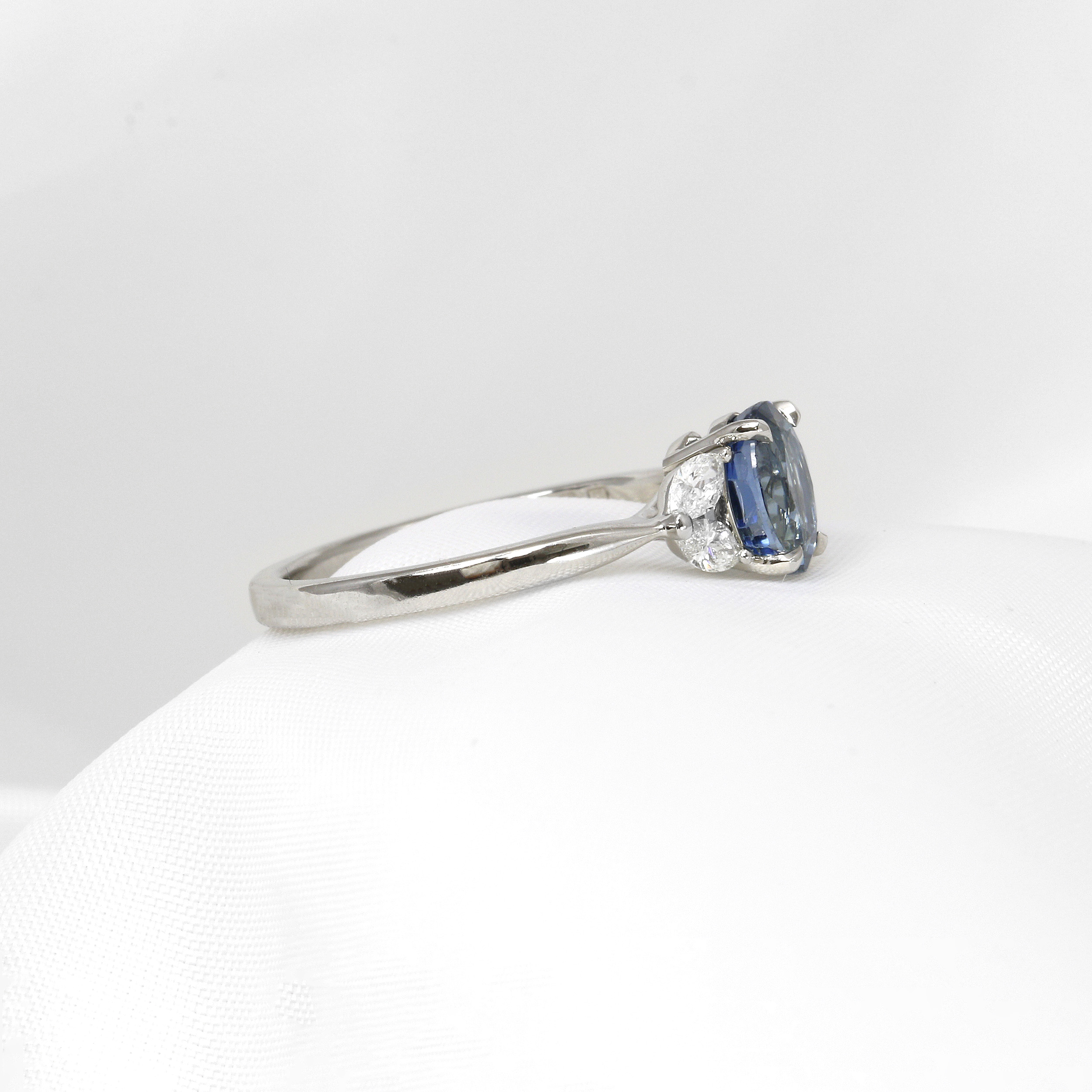Steel Blue Oval Sapphire and Diamond Ring in Platinum