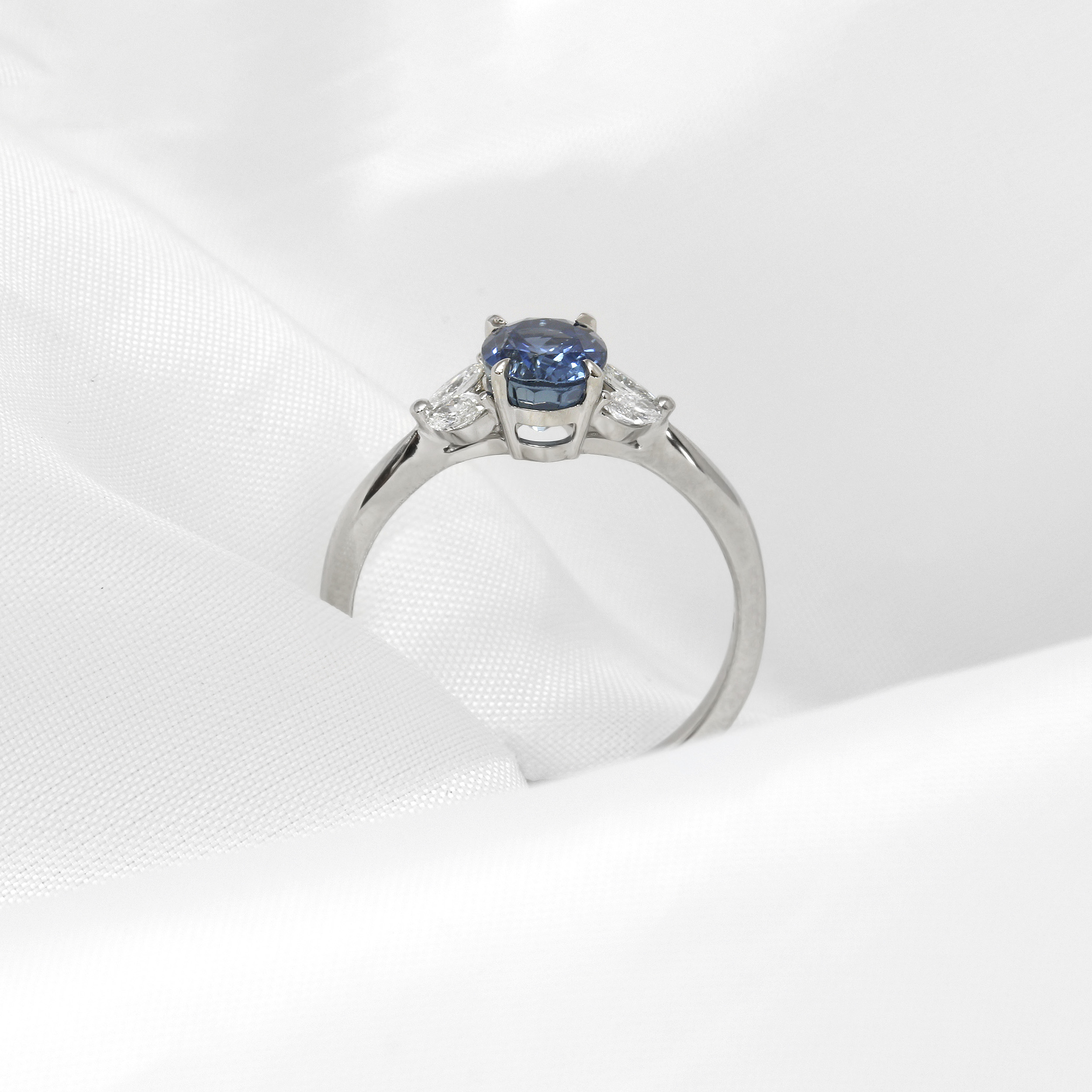 Steel Blue Oval Sapphire and Diamond Ring in Platinum