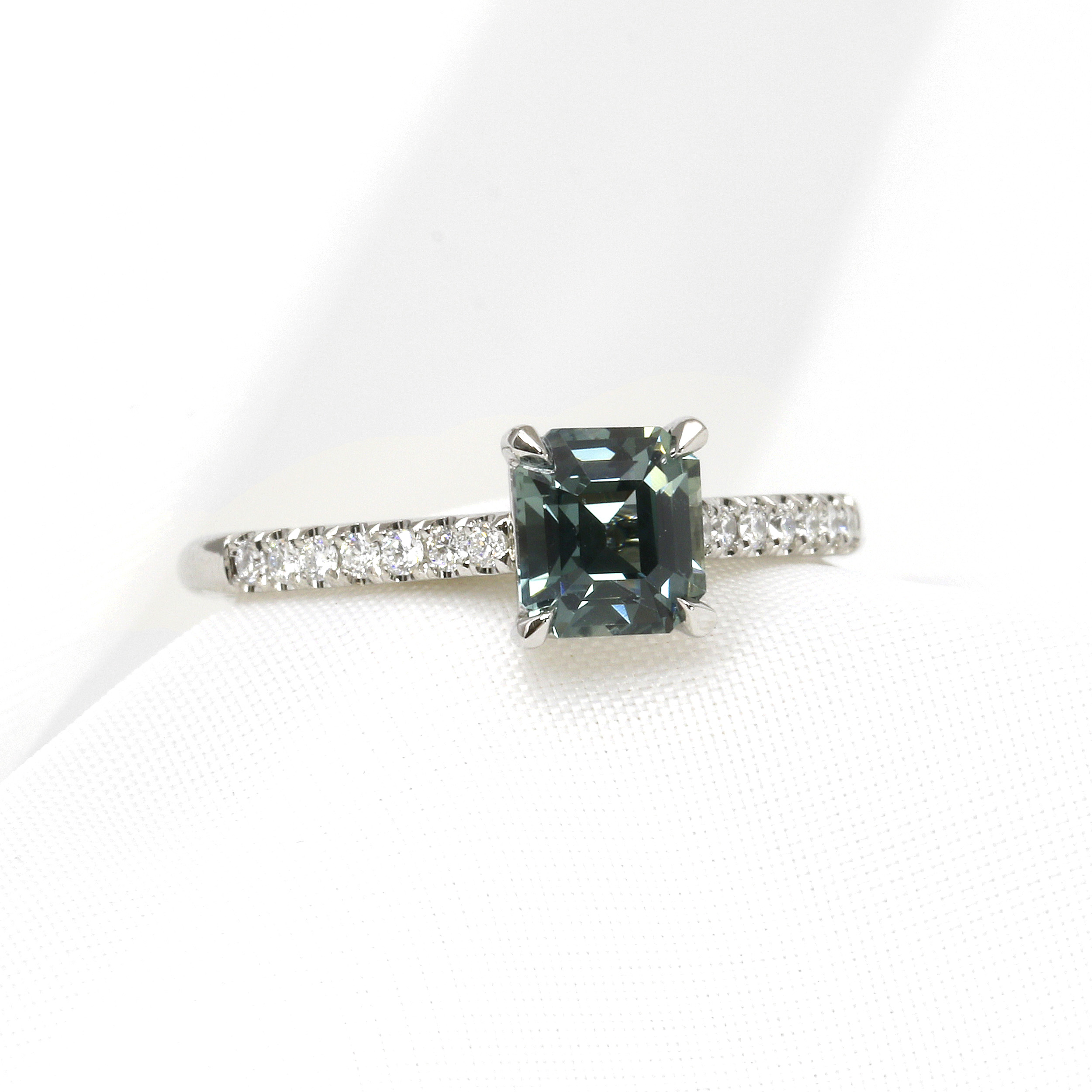 Teal Sapphire with Stone Set Shoulders in Platinum