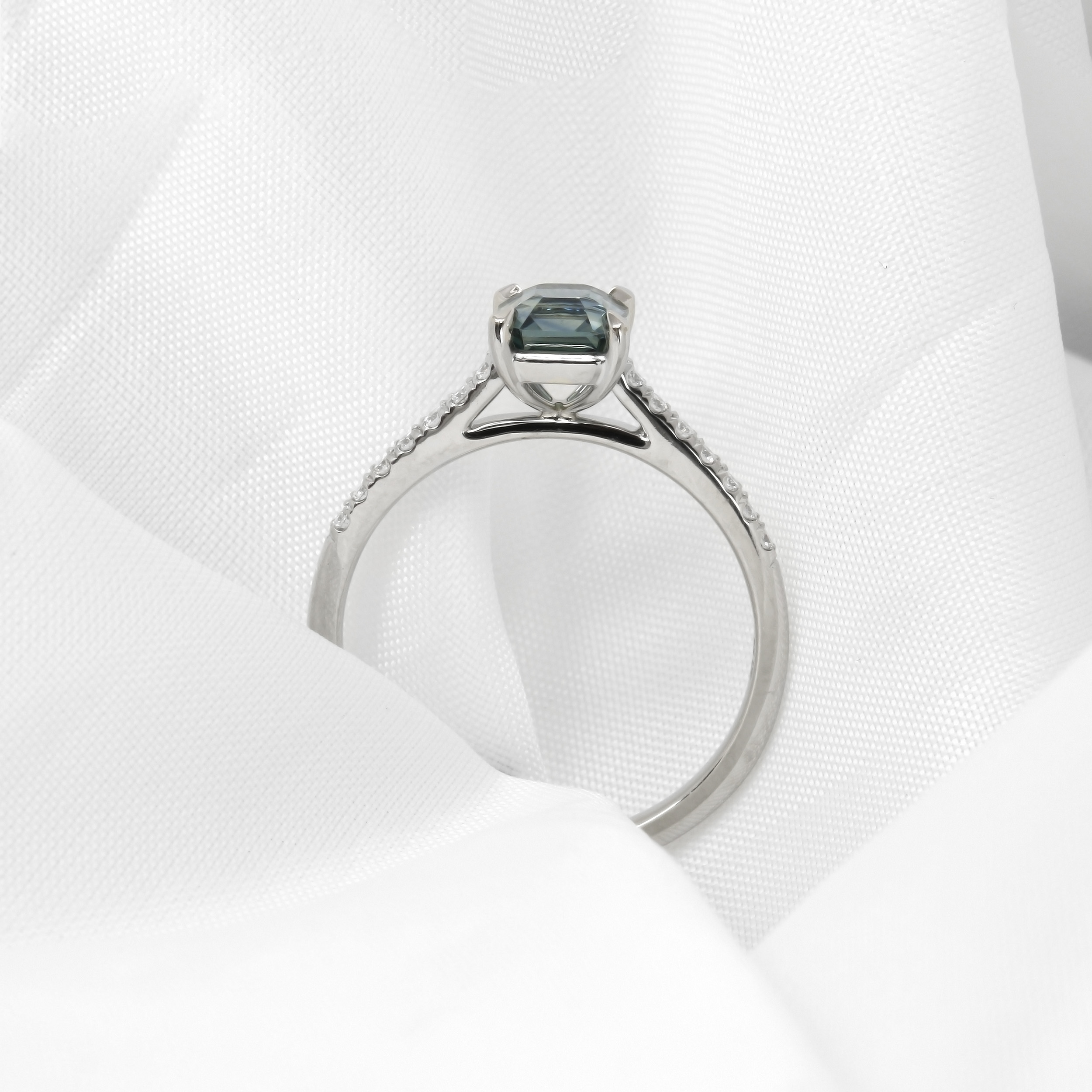 Teal Sapphire with Stone Set Shoulders in Platinum