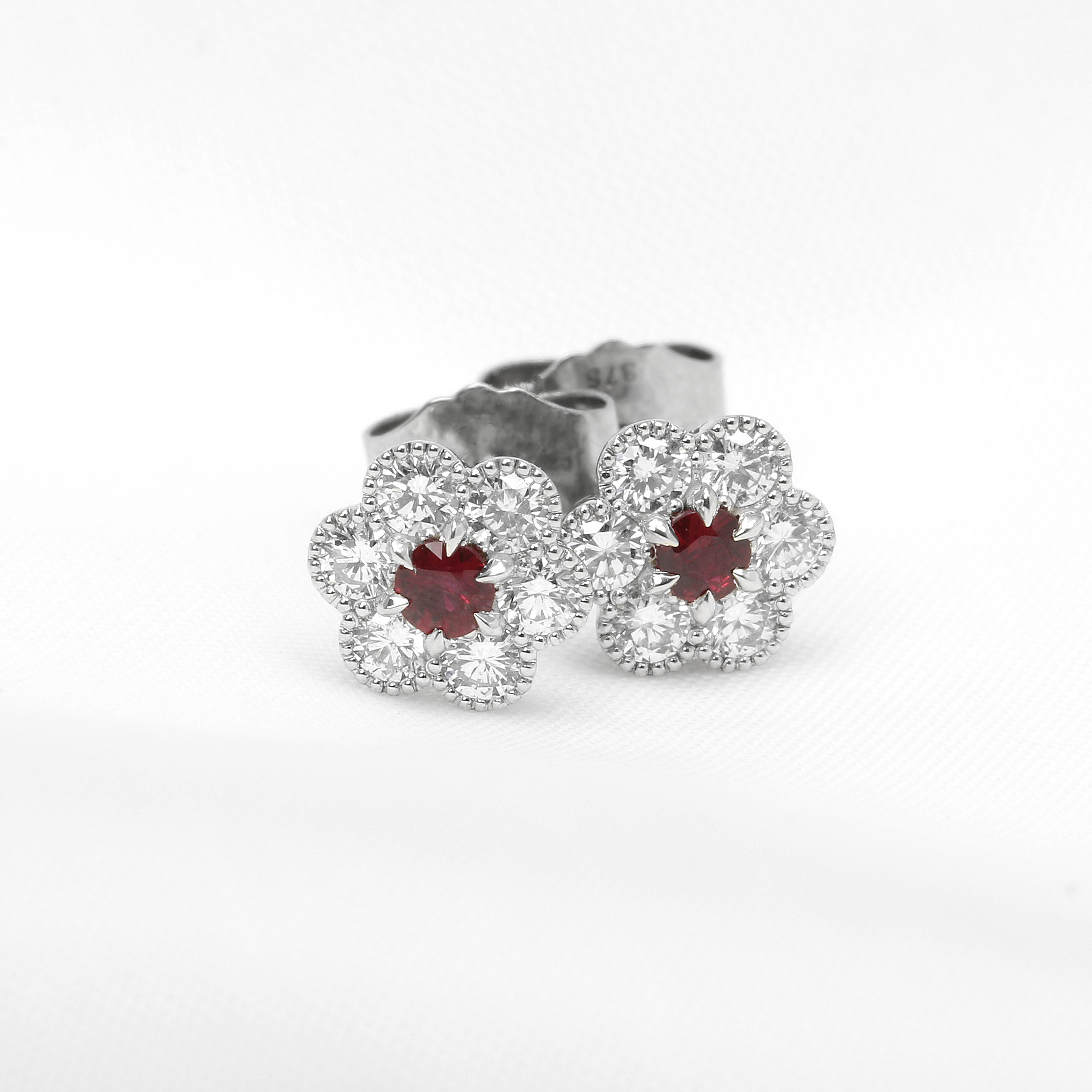 Daisy Cluster Ruby and Diamond Stud Earrings in 9ct White Gold