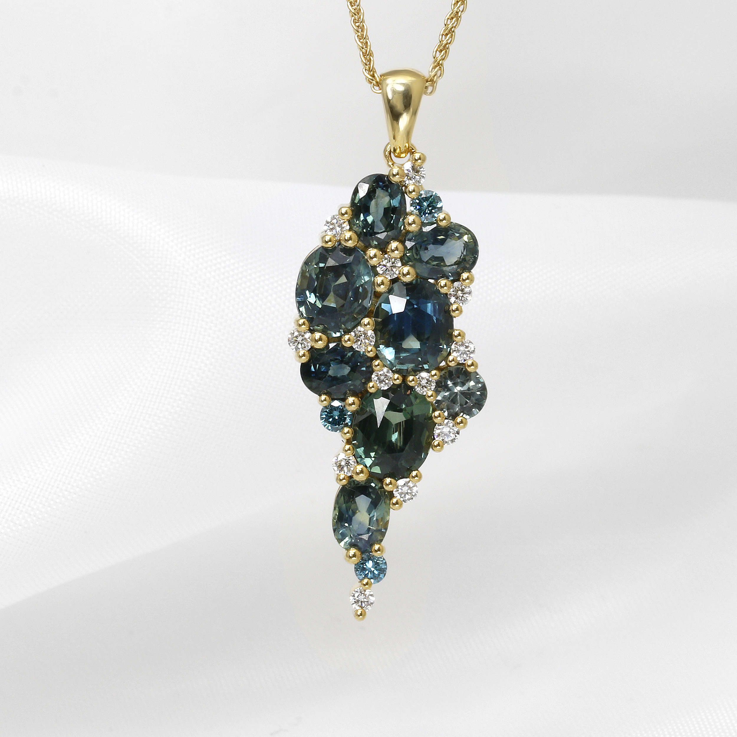 Teal Sapphire and Diamond Cluster Pendant