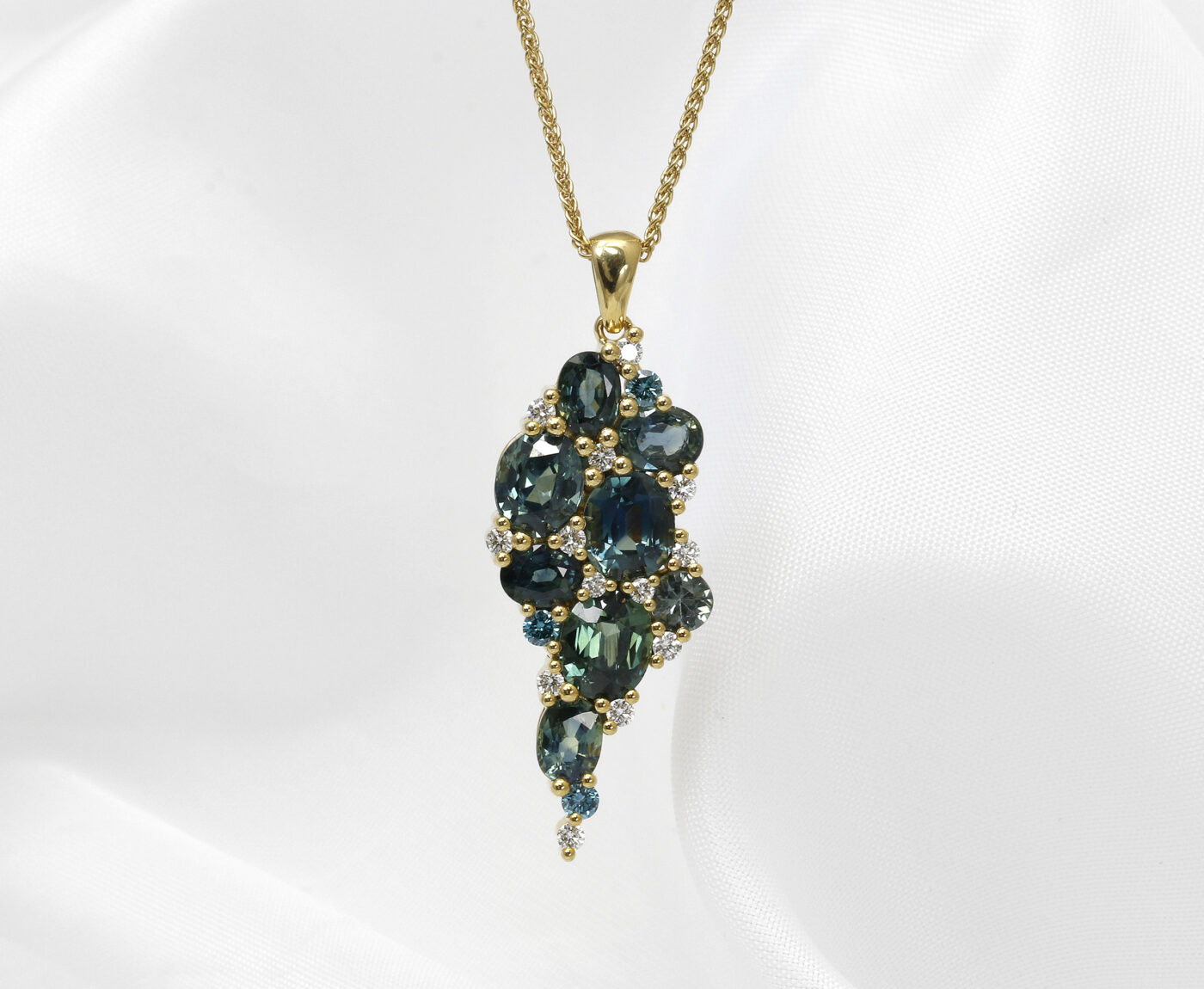 Teal Sapphire and Diamond Freeform Cluster Pendant
