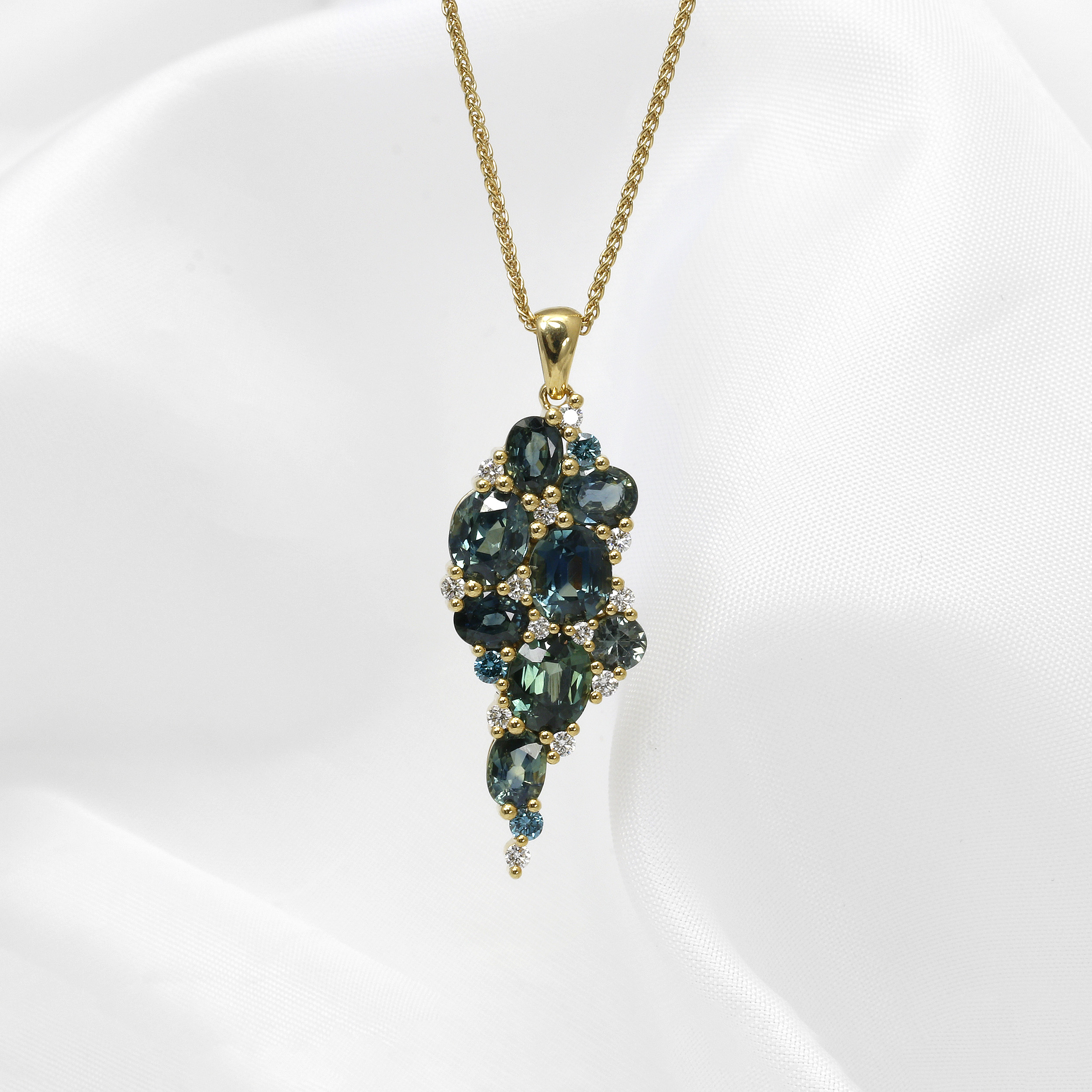 Teal Sapphire and Diamond Freeform Cluster Pendant