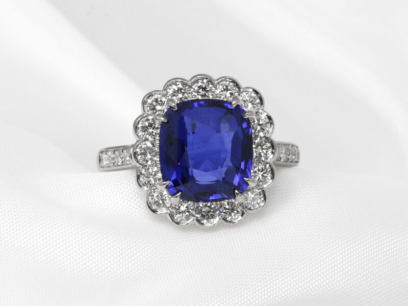Cushion Cut Sapphire and Diamond Halo Cluster Ring in Platinum