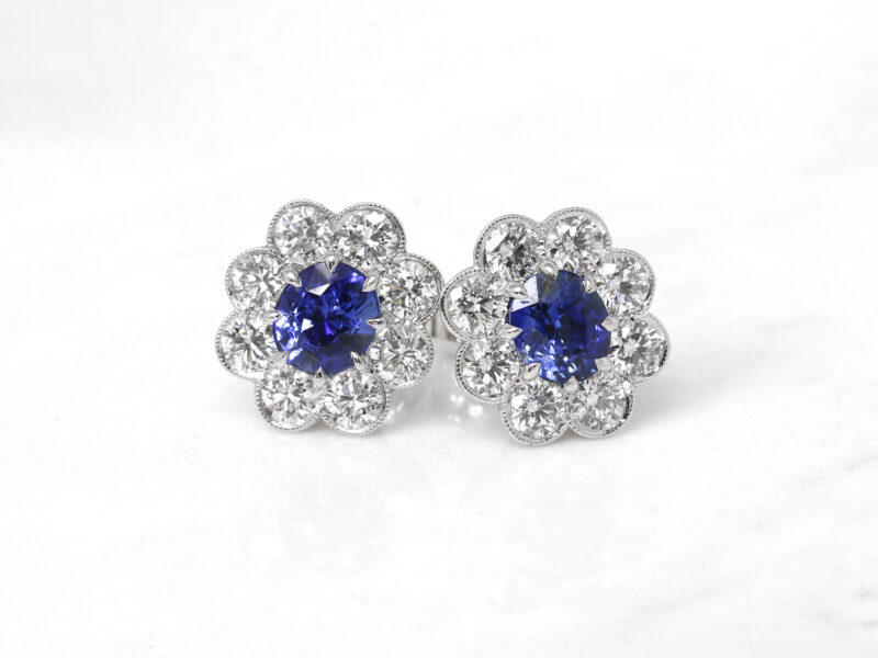 Sapphire and Diamond Daisy Cluster Stud Earrings in 9ct White Gold