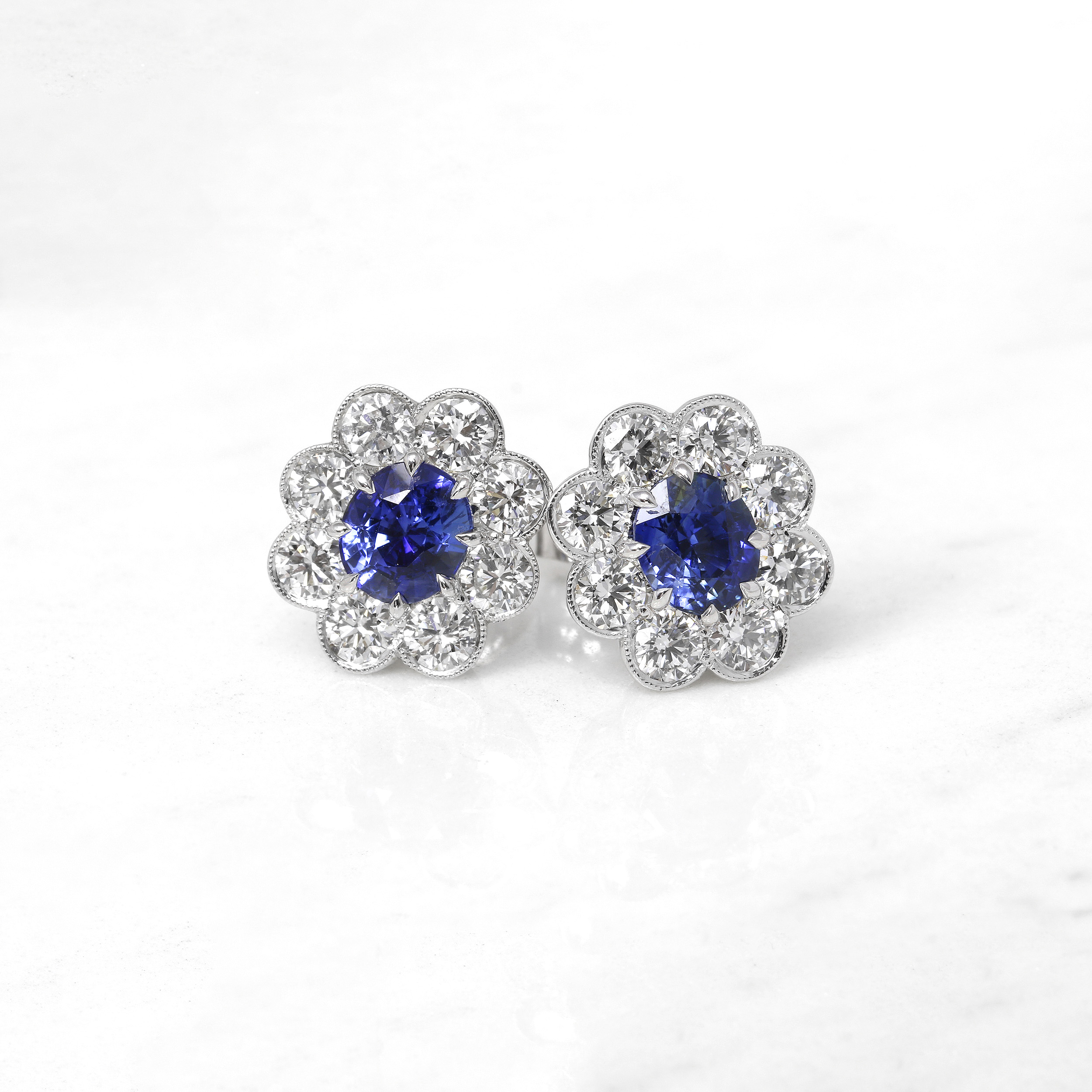 Sapphire and Diamond Daisy Cluster Stud Earrings in 9ct White Gold