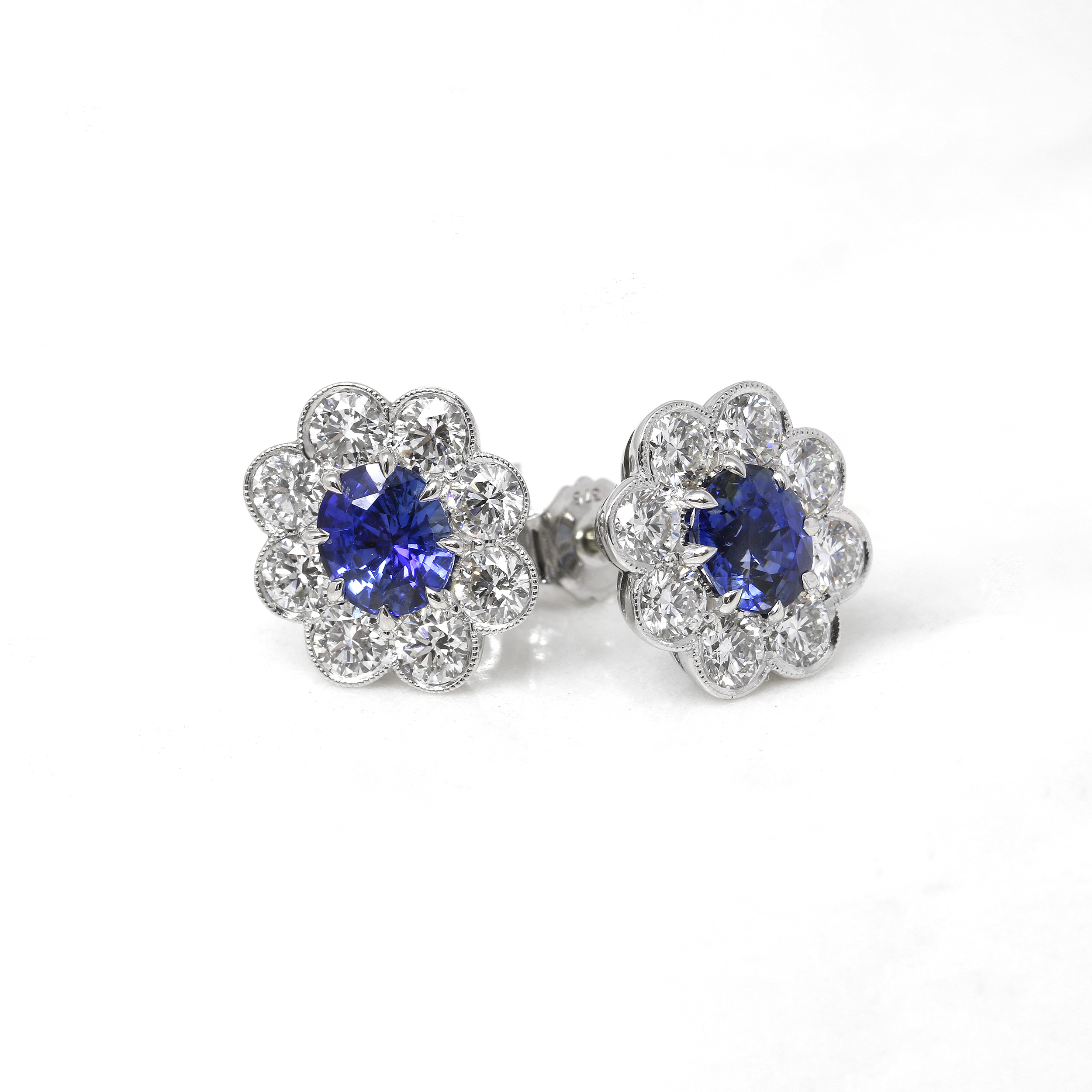 Sapphire and Diamond Daisy Cluster Stud Earrings in 9ct White Gold