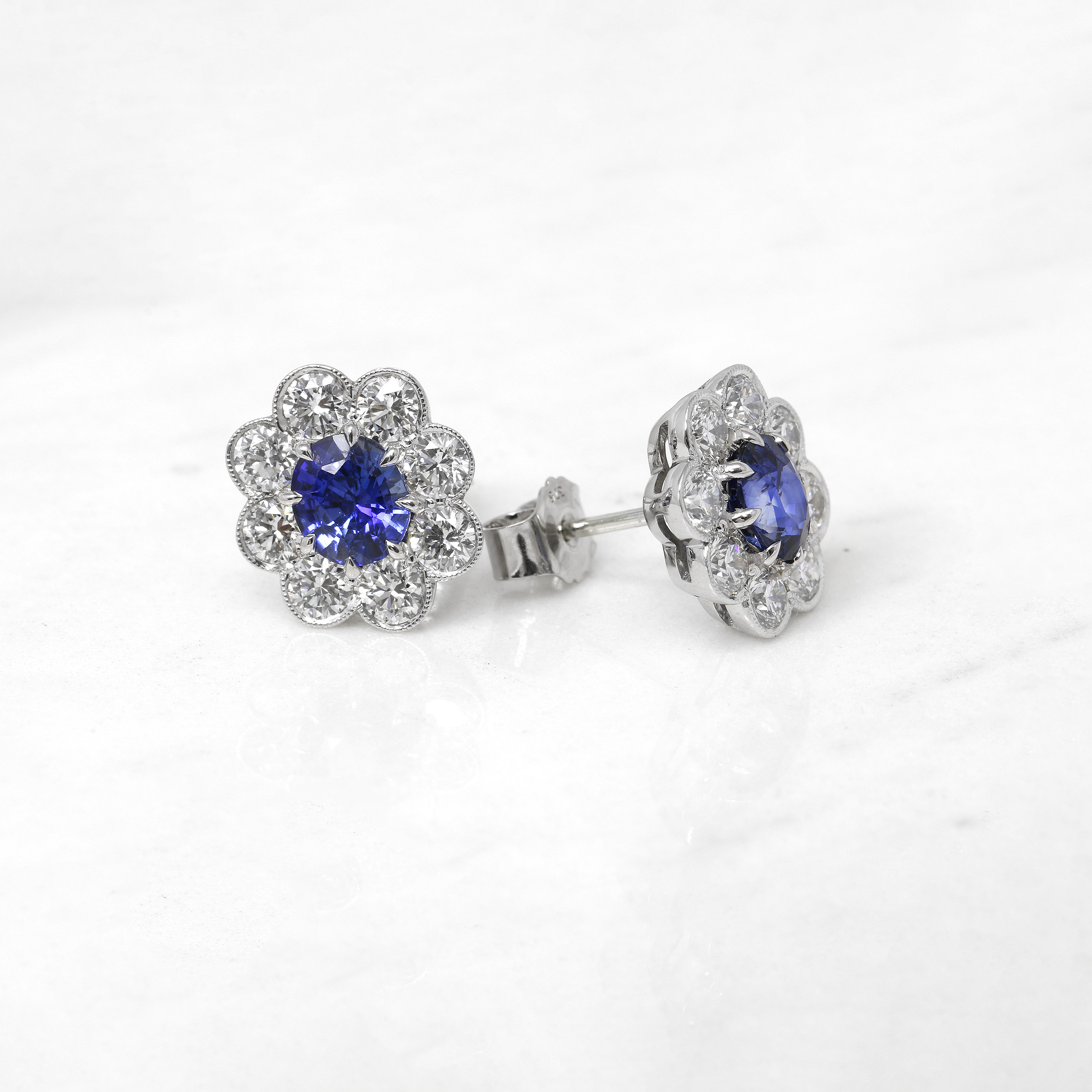 Sapphire and Diamond Daisy Cluster Stud Earrings in 9ct White Gold