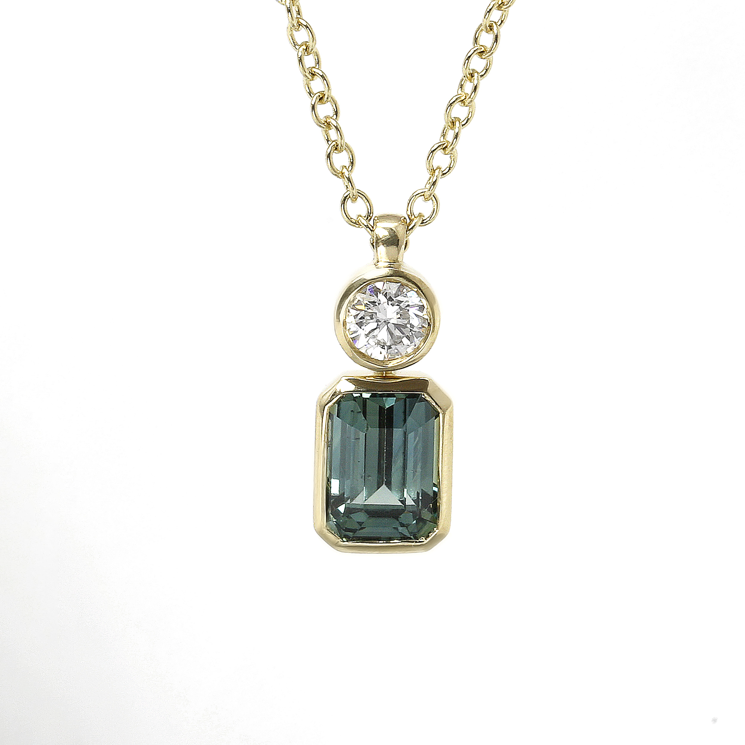 Teal Sapphire and Diamond Pendant in 9ct Yellow Gold