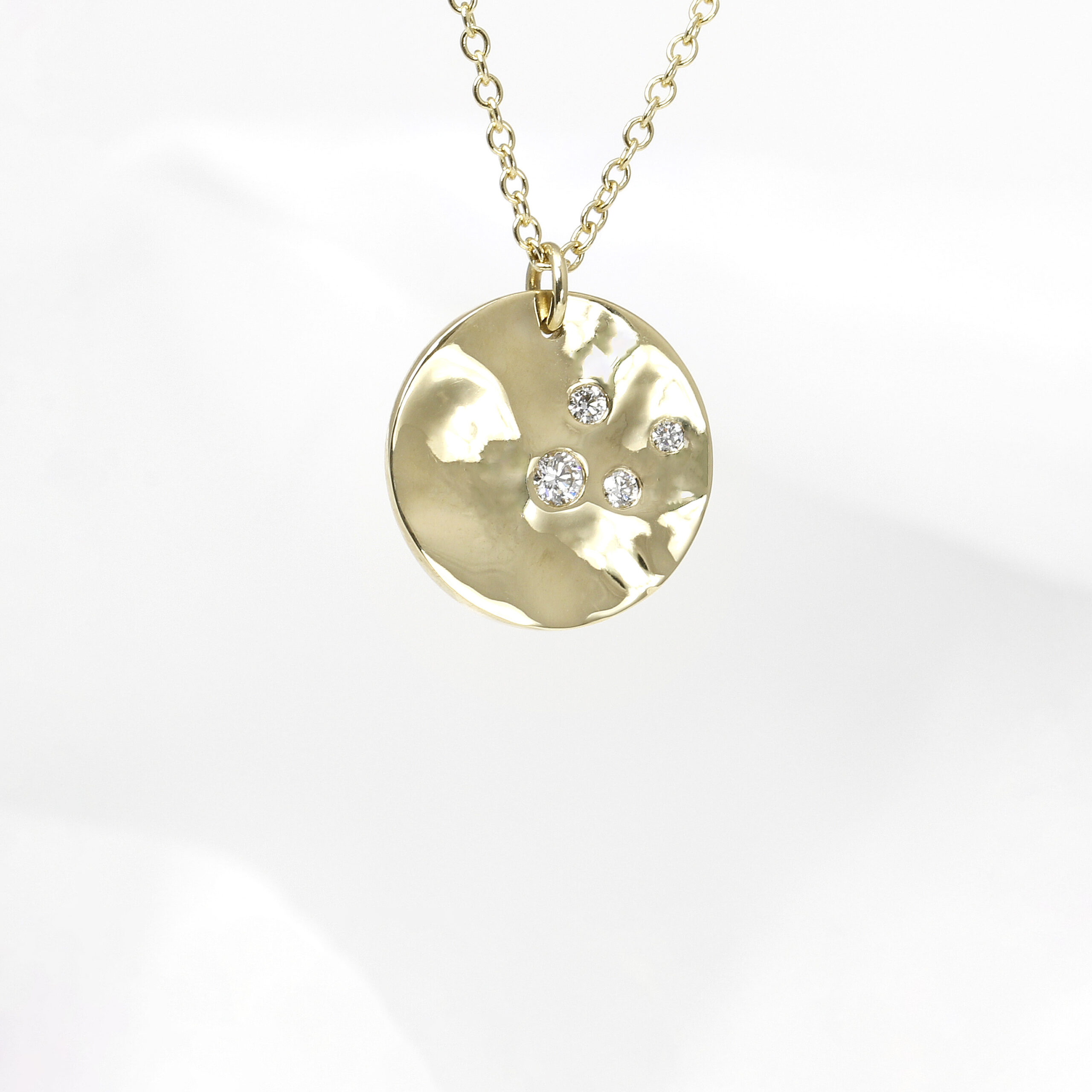 Polished Molten Disc Pendant with Diamonds in Yellow Gold