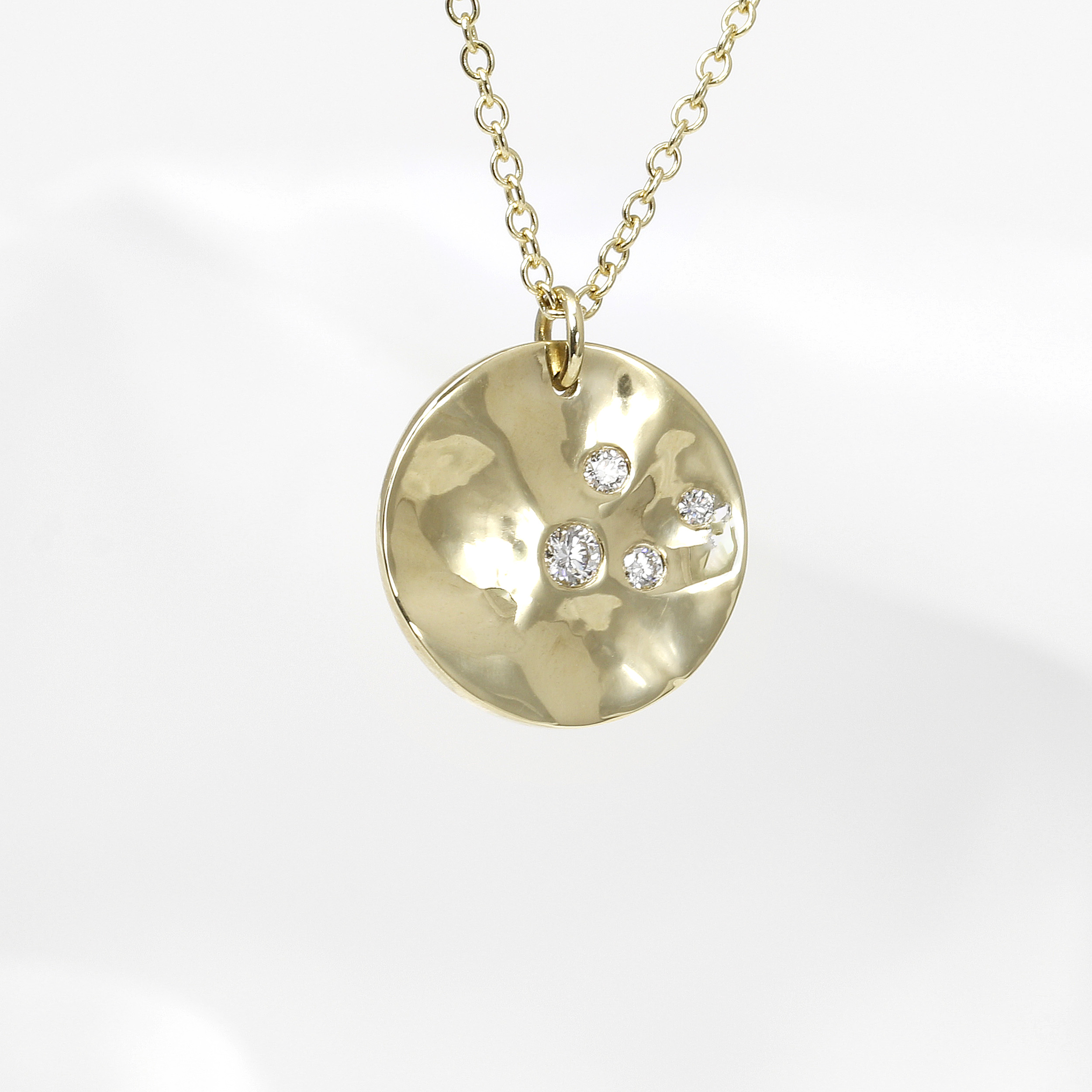 Polished Molten Disc Pendant with Diamonds in Yellow Gold